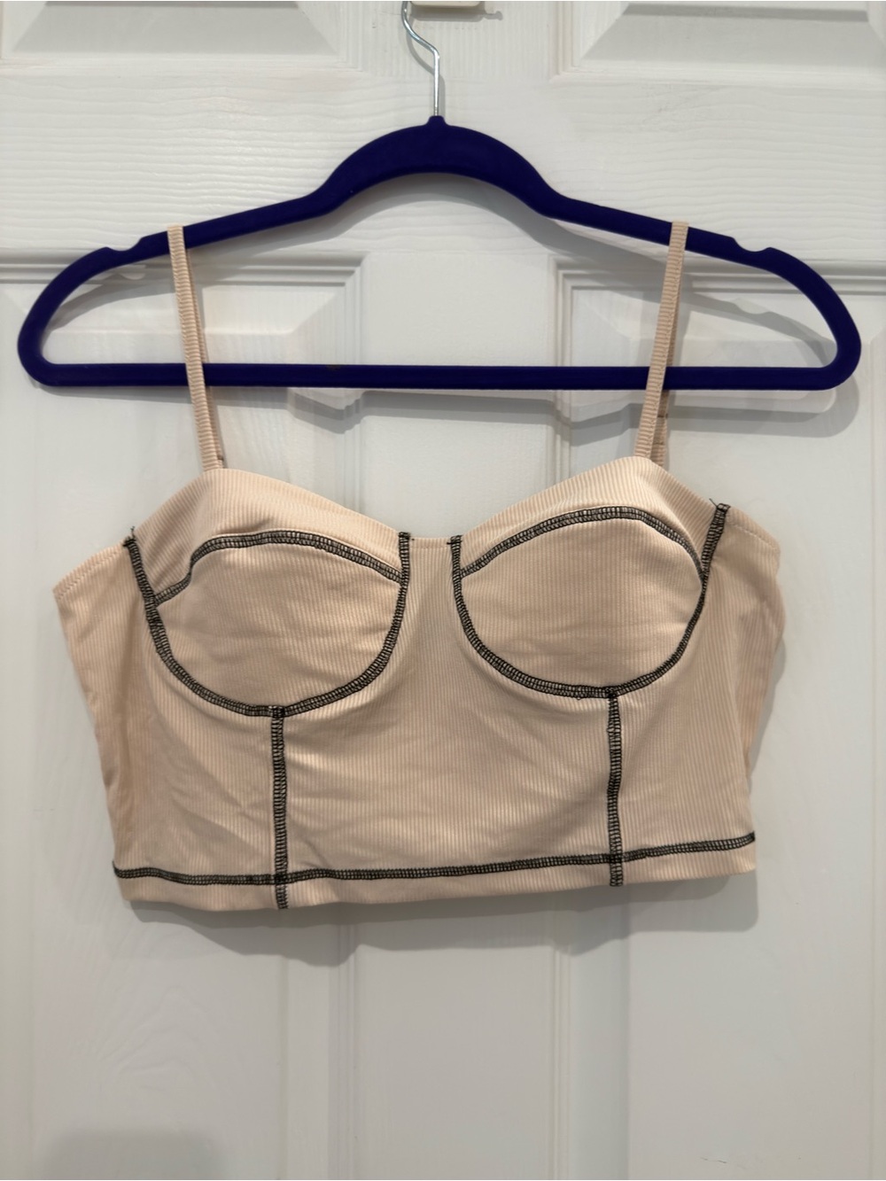 Beige Ribbed Bustier Crop Top Black Contrast Stitching Stretchy Cami